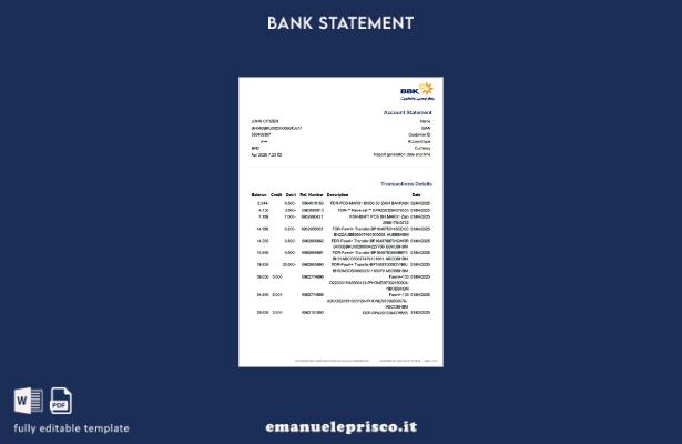 modello word di estratto conto in stile verificato della Bahrain Bank of Bahrein